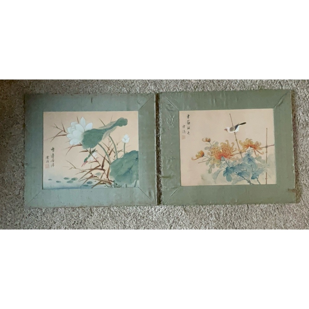 Vintage‎ Japanese Silk Watercolor Painting Birds Lotus Flowers 14X12 Set Of 2